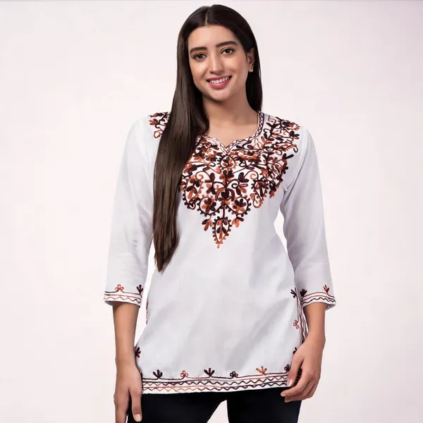 White_Brown_Viscose_Rayon_Straight_Kurti_For_Women