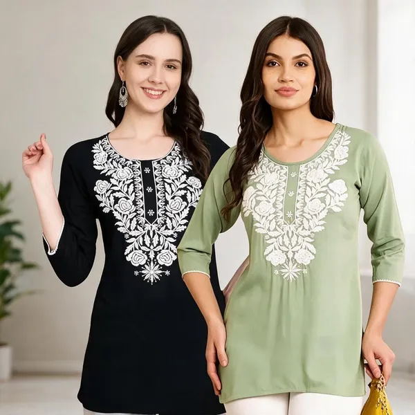 Green_Black_Viscose_Rayon_Straight_Kurti_For_Women_Set_Of_2