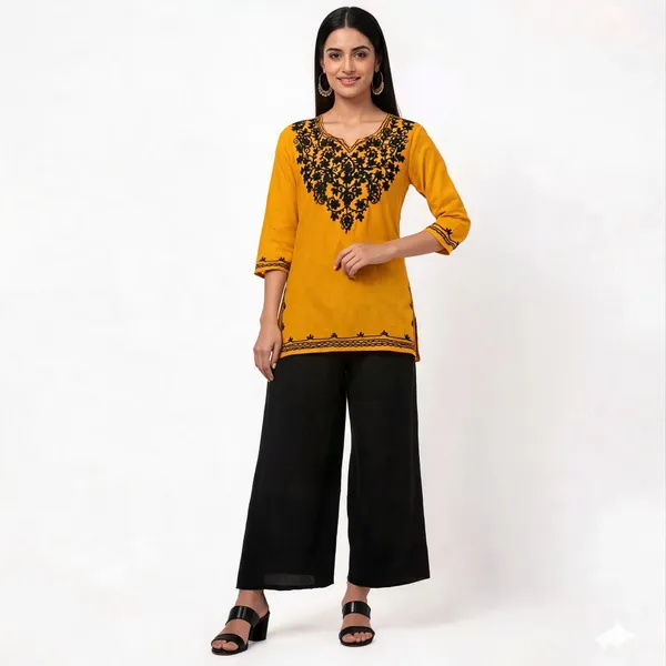 Mustard_And_Black_Viscose_Rayon_Straight_Embroidered_Kurta_Palazzo_Set_For_Women