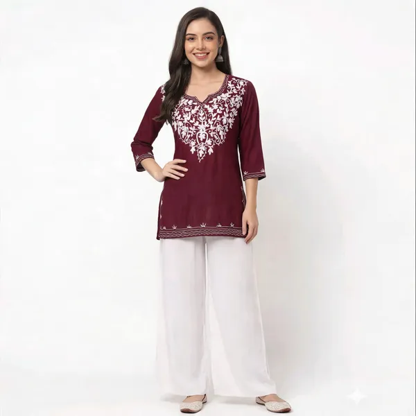 Maroon_Viscose_Rayon_Straight_Embroidered_Kurta_Palazzo_Set_For_Women
