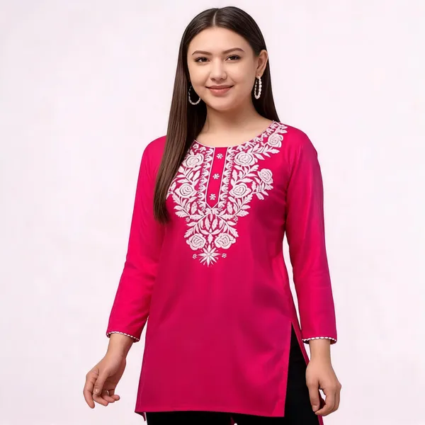 Pink_And_Green_Viscose_Rayon_Straight_Embroidered_Kurti_For_Women_Set_Of_2