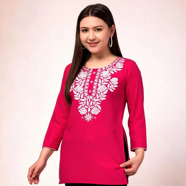 Pink_And_Green_Viscose_Rayon_Straight_Embroidered_Kurti_For_Women_Set_Of_2