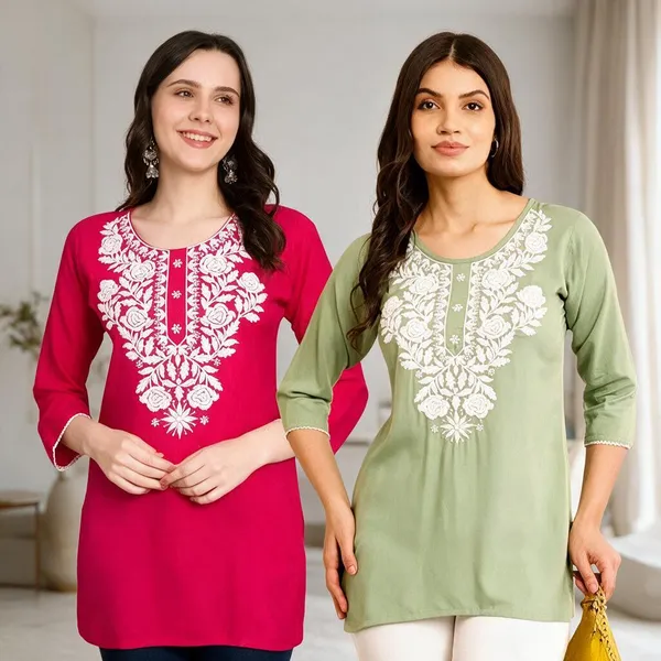 Pink_And_Green_Viscose_Rayon_Straight_Embroidered_Kurti_For_Women_Set_Of_2
