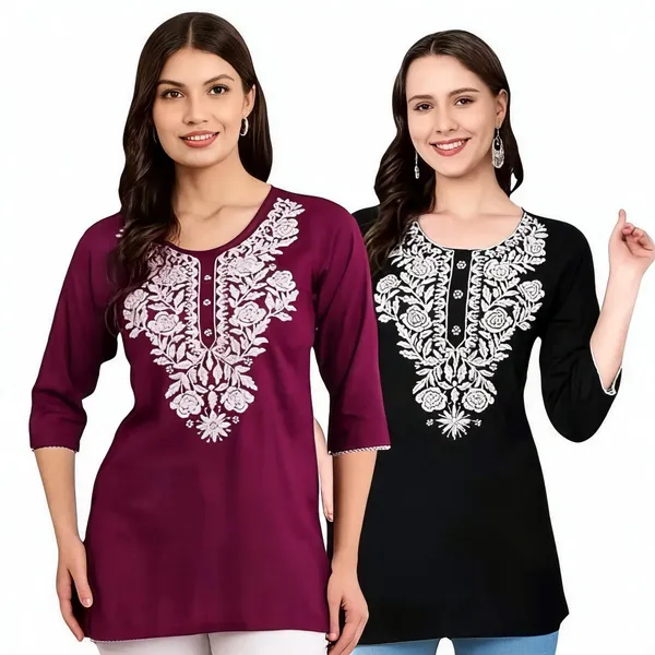 Maroon_And_Black_Viscose_Rayon_Straight_Embroidered_Kurti_For_Women_Set_Of_2