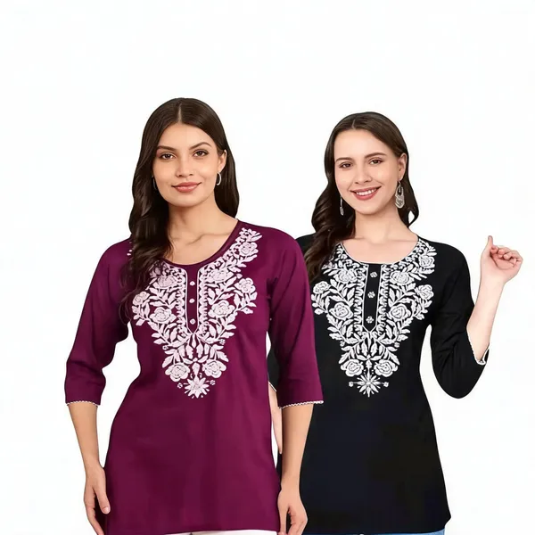 Maroon_And_Black_Viscose_Rayon_Straight_Embroidered_Kurti_For_Women_Set_Of_2