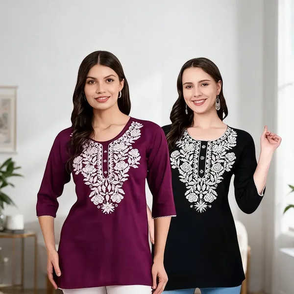 Maroon_And_Black_Viscose_Rayon_Straight_Embroidered_Kurti_For_Women_Set_Of_2