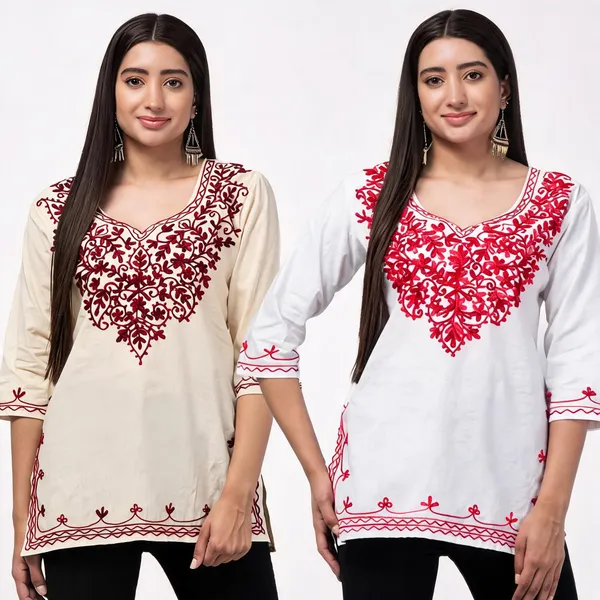 Beige_And_White_Viscose_Rayon_Straight_Embroidered_Kurti_For_Women_Set_Of_2