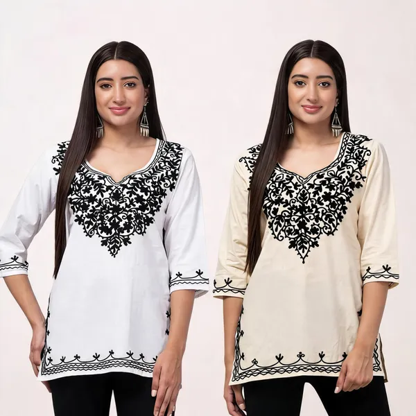 White_And_Beige_Viscose_Rayon_Straight_Embroidered_Kurti_For_Women_Set_Of_2