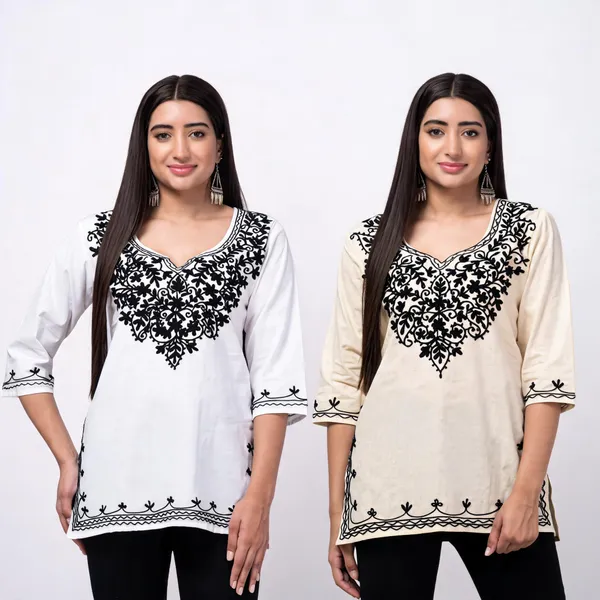 White_And_Beige_Viscose_Rayon_Straight_Embroidered_Kurti_For_Women_Set_Of_2