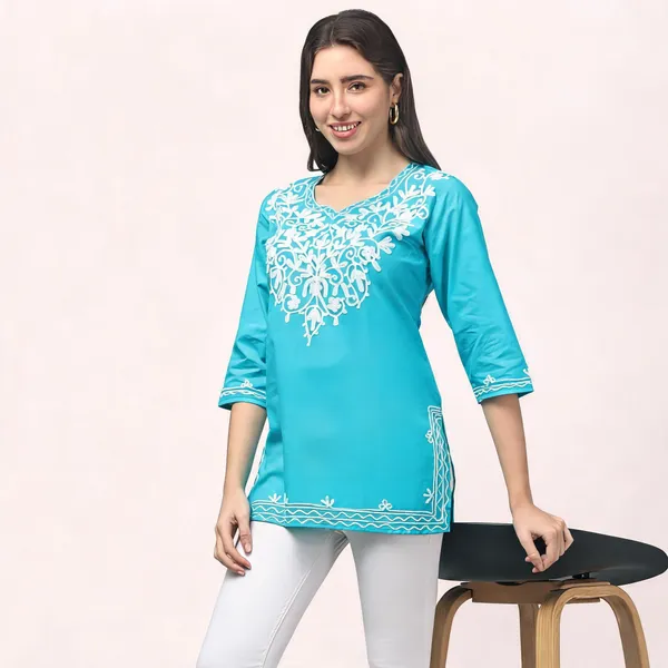 Turquoise_Viscose_Rayon_Straight_Embroidered_Kurti_For_Women
