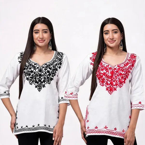 White_Viscose_Rayon_Straight_Embroidered_Kurti_For_Women_Set_Of_2
