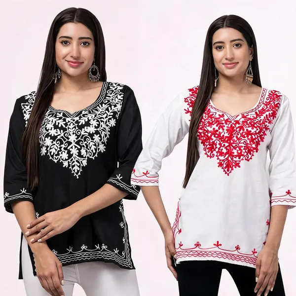 Black_And_White_Viscose_Rayon_Straight_Embroidered_Kurti_For_Women_Set_Of_2