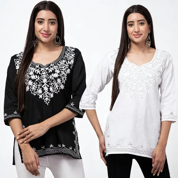 Black_And_White_Viscose_Rayon_Straight_Embroidered_Kurti_For_Women_Set_Of_2