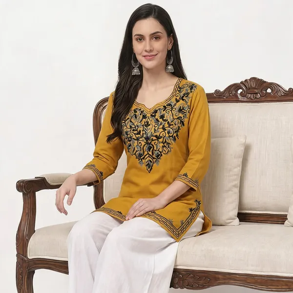 Mustard_Viscose_Rayon_Embroidered_Straight_Kurta_Palazzo_Set_For_Women