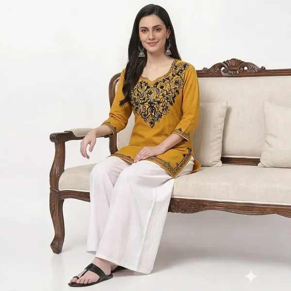 Mustard_Viscose_Rayon_Embroidered_Straight_Kurta_Palazzo_Set_For_Women