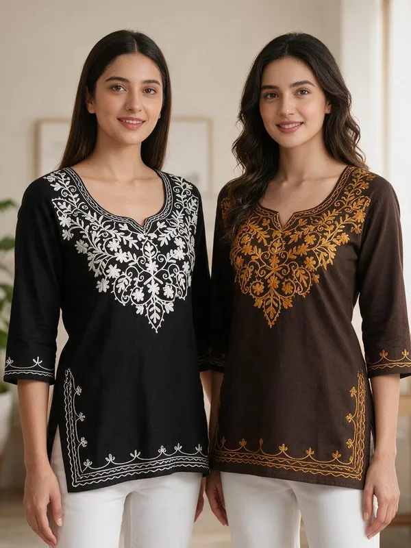 Black_Brown_Viscose_Rayon_Embroidered_Straight_Kurti_For_Women_Set_Of_2