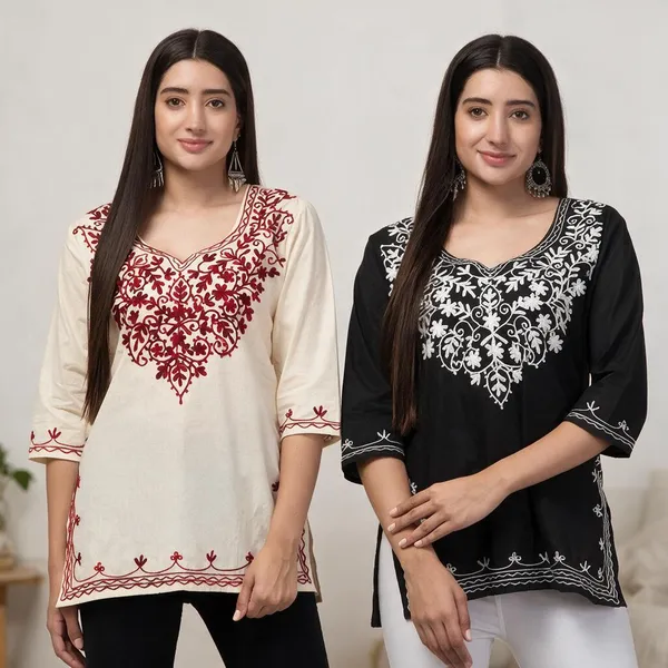 Cream_And_Black_Viscose_Rayon_Embroidered_Straight_Kurti_For_Women_Set_Of_2