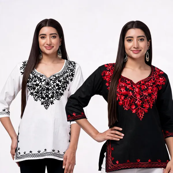White_Black_Viscose_Rayon_Embroidered_Straight_Kurti_For_Women_Set_Of_2