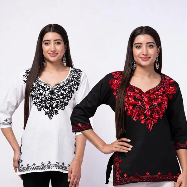 White_Black_Viscose_Rayon_Embroidered_Straight_Kurti_For_Women_Set_Of_2
