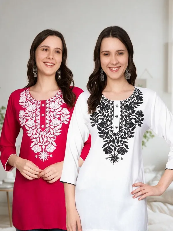 Pink_Viscose_Rayon_Floral_Print_Straight_Kurti_For_Women_Set_Of_2