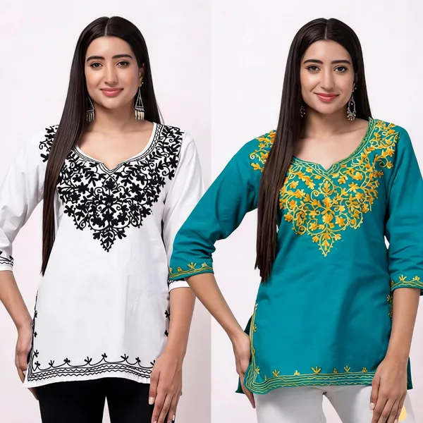 White_Teal_Viscose_Rayon_Embroidered_Straight_Kurti_For_Women_Set_Of_2