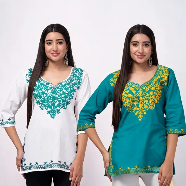 White_Teal_Viscose_Rayon_Embroidered_Straight_Kurti_For_Women_Set_Of_2