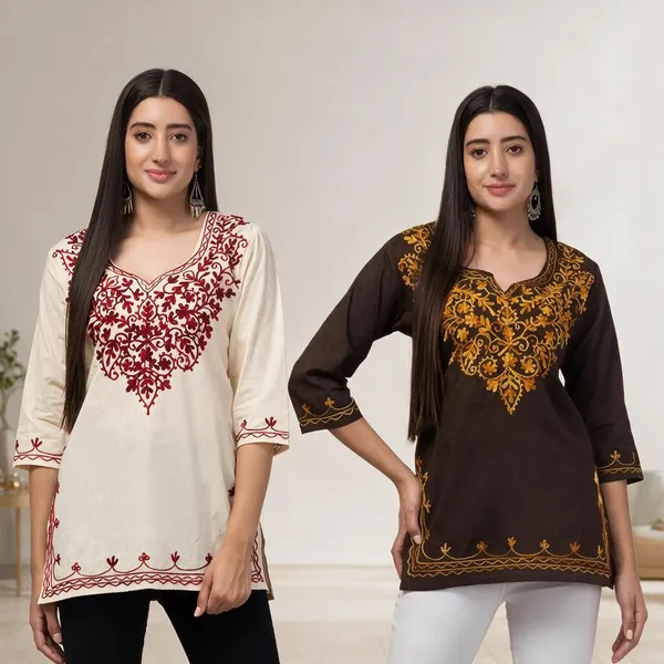 Cream_Viscose_Rayon_Embroidered_Straight_Kurti_For_Women_Set_Of_2