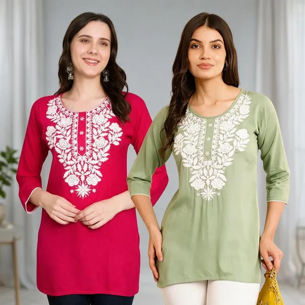 Green_And_Pink_Viscose_Rayon_Embroidered_Straight_Kurti_For_Women_Set_Of_2
