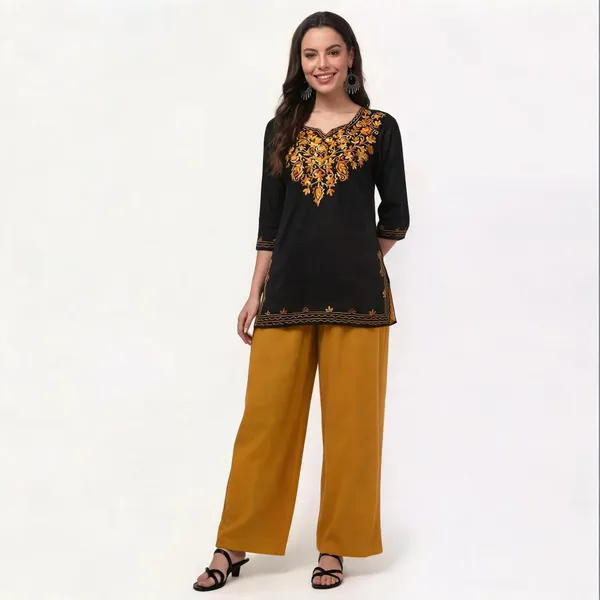 Black_Mustard_Viscose_Rayon_Wide_Leg_Kurta_Palazzo_Set_For_Women