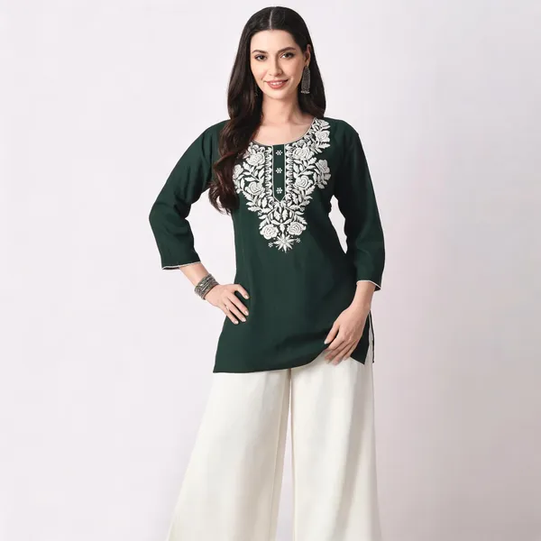Dark_Green_Viscose_Rayon_Embroidered_Straight_Kurta_Palazzo_Set_For_Women