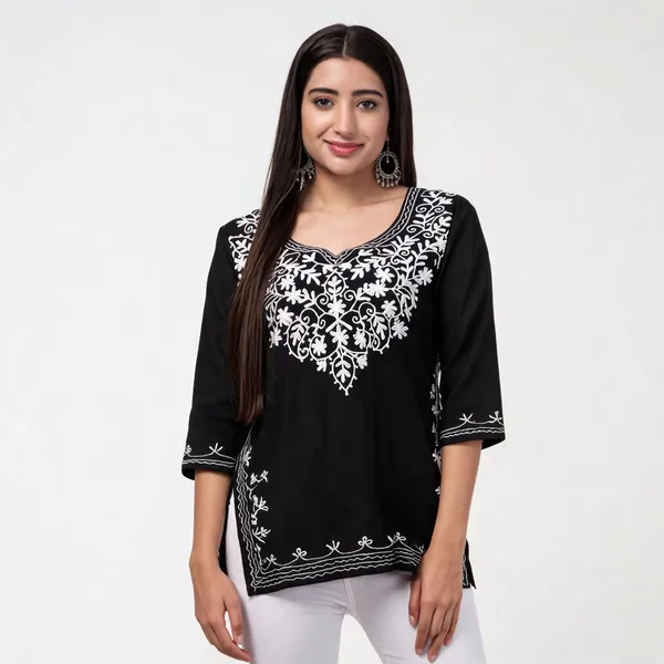 Black_And_Teal_Blue_Viscose_Rayon_Embroidered_Straight_Kurti_For_Women_Set_Of_2