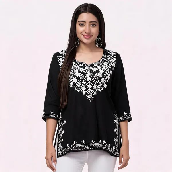 Black_And_Teal_Blue_Viscose_Rayon_Embroidered_Straight_Kurti_For_Women_Set_Of_2