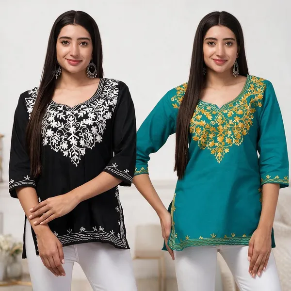 Black_And_Teal_Blue_Viscose_Rayon_Embroidered_Straight_Kurti_For_Women_Set_Of_2