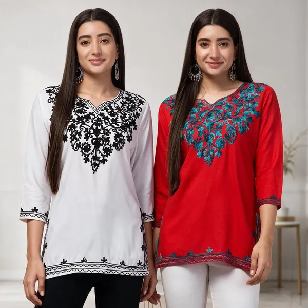 White_Red_Viscose_Rayon_Printed_Straight_Kurti_For_Women_Set_Of_2