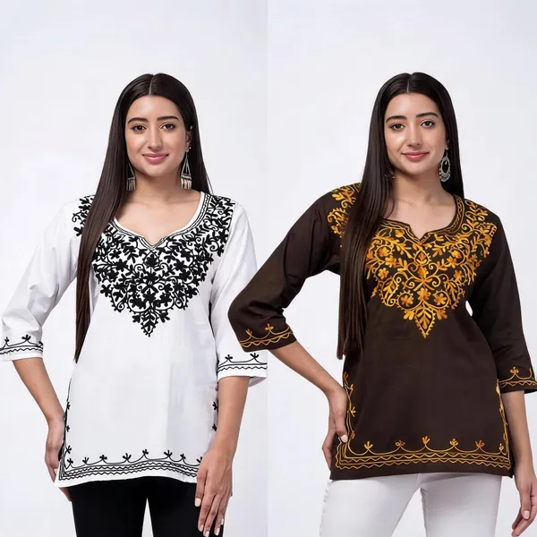White_Brown_Viscose_Rayon_Printed_Straight_Kurti_For_Women_Set_Of_2