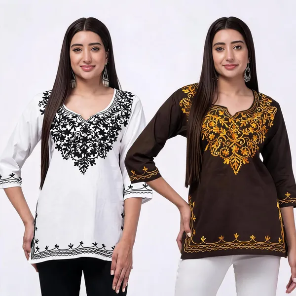 White_Brown_Viscose_Rayon_Printed_Straight_Kurti_For_Women_Set_Of_2