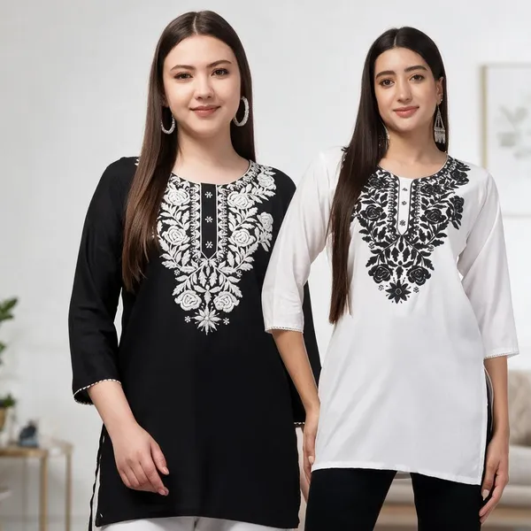 Black_White_Viscose_Rayon_Embroidered_Straight_Kurti_For_Women_Set_Of_2