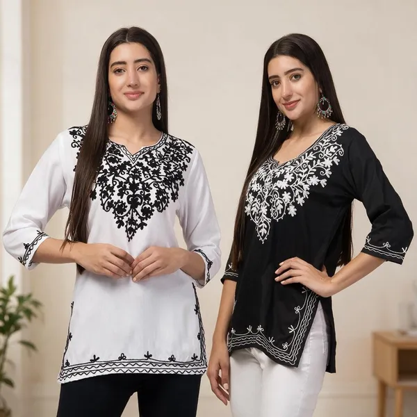Black_White_Viscose_Rayon_Embroidered_Straight_Kurti_For_Women_Set_Of_2