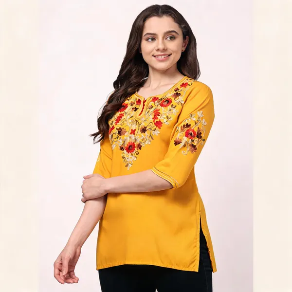 Yellow_Viscose_Rayon_Embroidered_Straight_Kurti_For_Women