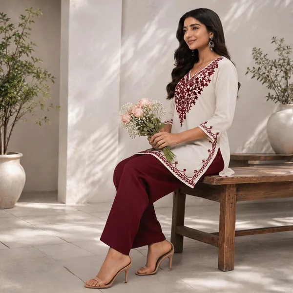 White_Maroon_Viscose_Rayon_Embroidered_Straight_Kurta_Palazzo_Set_For_Women