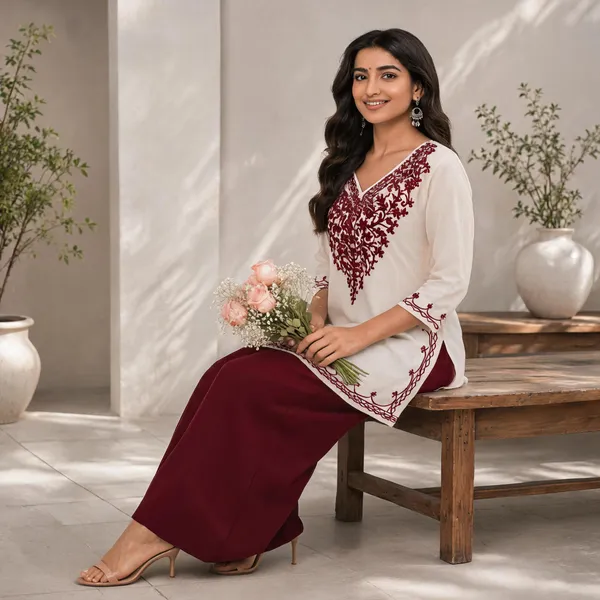 White_Maroon_Viscose_Rayon_Embroidered_Straight_Kurta_Palazzo_Set_For_Women