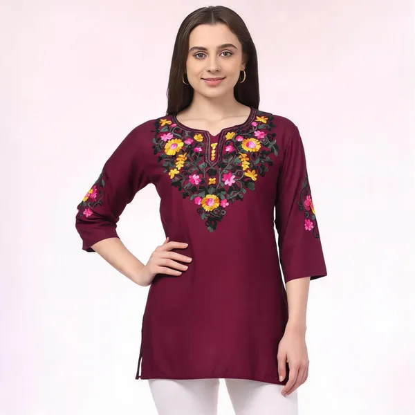 Maroon_Viscose_Rayon_Embroidered_Straight_Kurti_For_Women