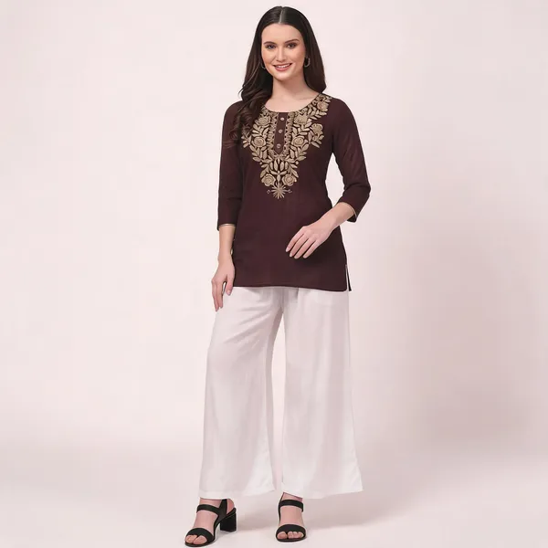 Brown_White_Viscose_Rayon_Straight_Kurta_Palazzo_Set_For_Women