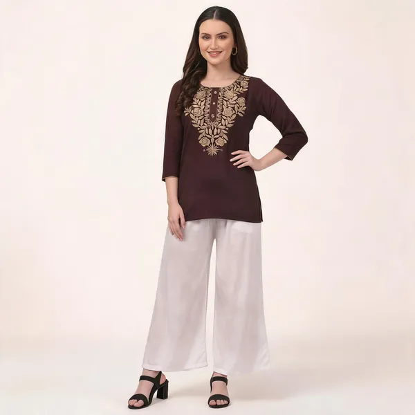 Brown_White_Viscose_Rayon_Straight_Kurta_Palazzo_Set_For_Women
