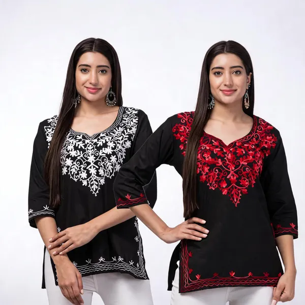 Black_Viscose_Rayon_Straight_Embroidered_Kurti_For_Women_Set_Of_2