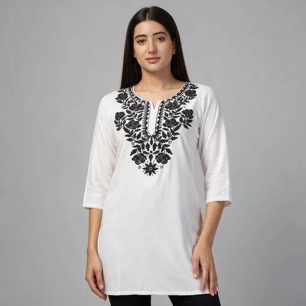 White_Maroon_Viscose_Rayon_Straight_Embroidered_Kurti_For_Women_Set_Of_2