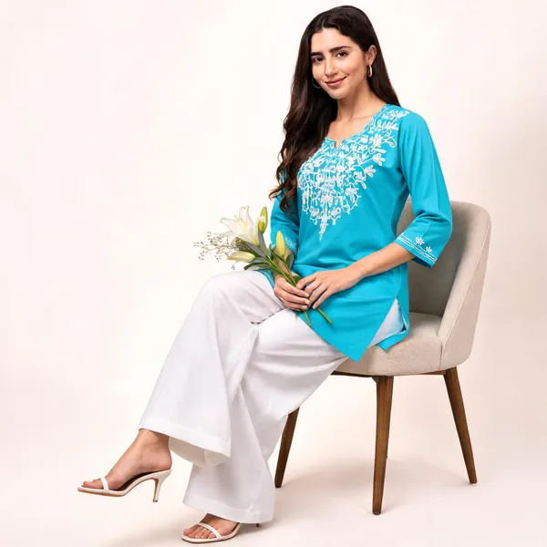 Turquoise_Viscose_Rayon_Straight_Kurta_Palazzo_Set_For_Women