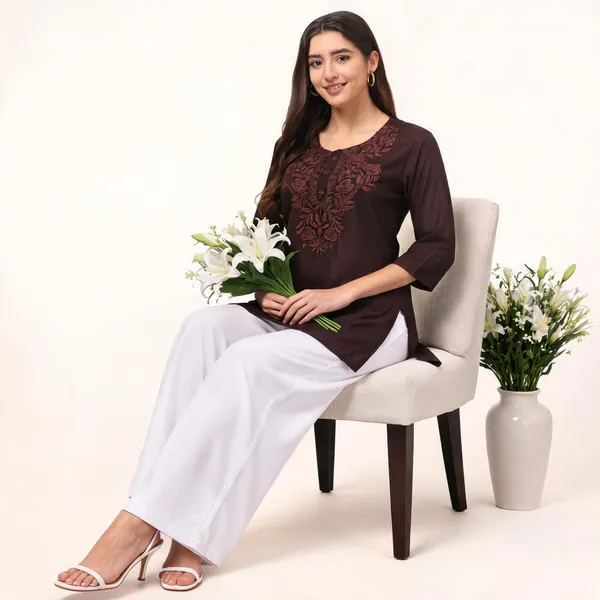 Brown_White_Viscose_Rayon_Straight_Kurta_Palazzo_Set_For_Women