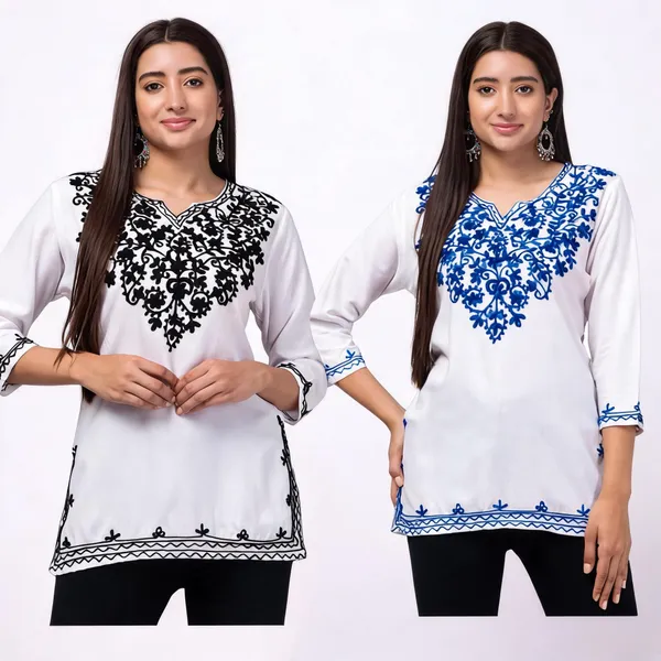White_Viscose_Rayon_Straight_Embroidered_Kurti_For_Women_Set_Of_2