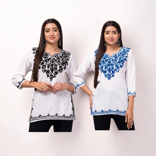 White_Viscose_Rayon_Straight_Embroidered_Kurti_For_Women_Set_Of_2